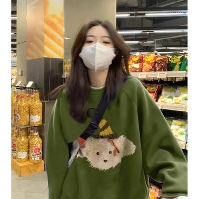 绿色圆领卫衣女秋冬加绒加厚美式复古高级感宽松慵懒风无帽上衣潮