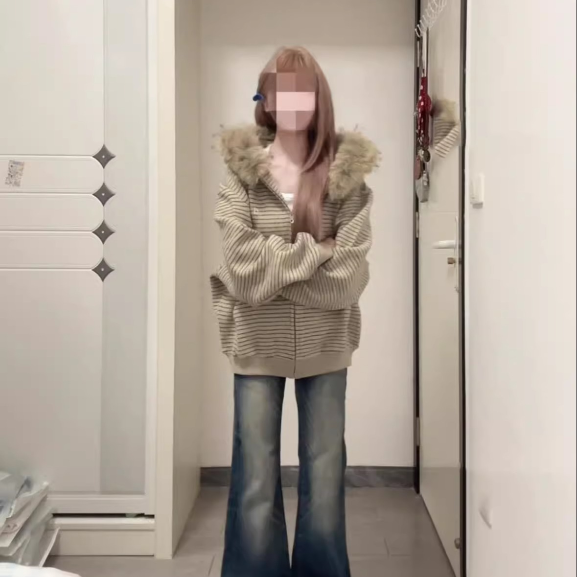 美式复古条纹连帽卫衣外