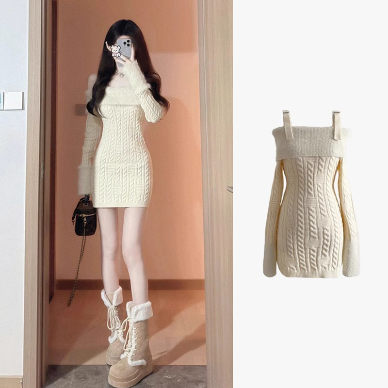 法式一字肩针织连衣裙子