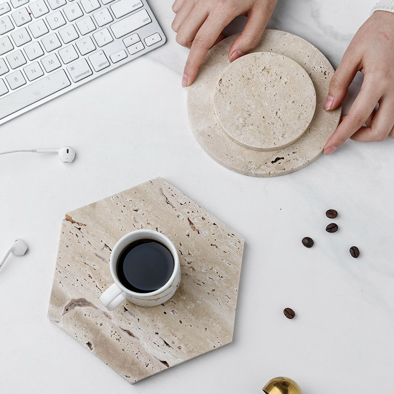 中古风天然洞石杯垫隔热垫饰品置物垫桌面餐盘垫摆垫奶油风高级感