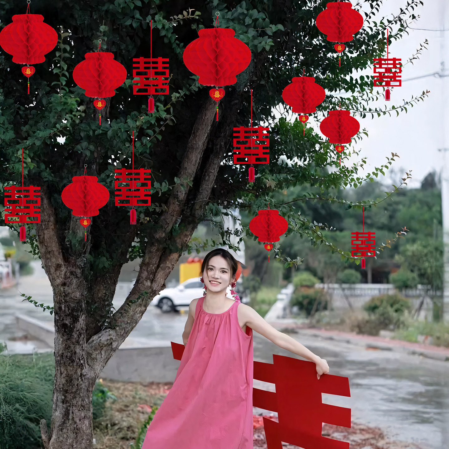 结婚礼喜字挂饰大红小灯笼婚房布置农村院子拉花树上布置婚庆用品