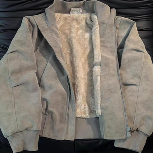 美式短款扎染皮衣夹克廓形冬季男款外套加绒保暖皮衣棒球飞行棉服