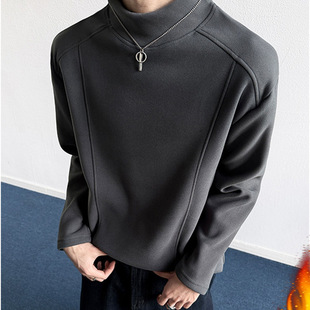 美式双面德绒打底衫男款加绒加厚拼接长袖t恤秋冬季半高领卫衣
