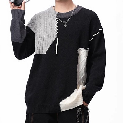 美式拼接圆领毛衣男款新款秋冬季