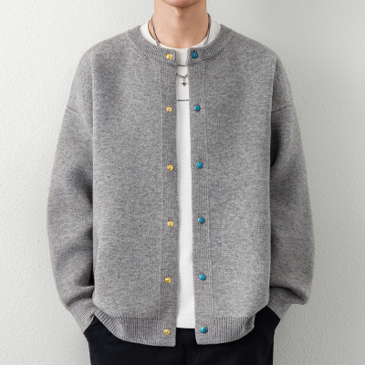 纯色绿松石针织开衫外套男款秋季