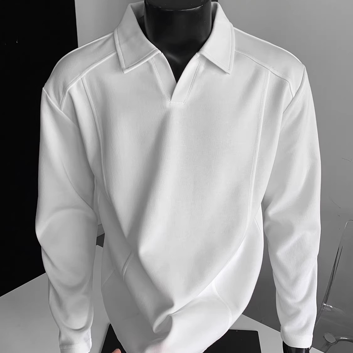 美式正肩拼接V领polo衫卫衣男款