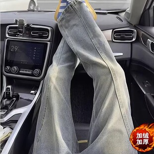 美式斜切牛仔裤男款高街直筒修身复古蓝加绒裤子cleanfit微喇长裤