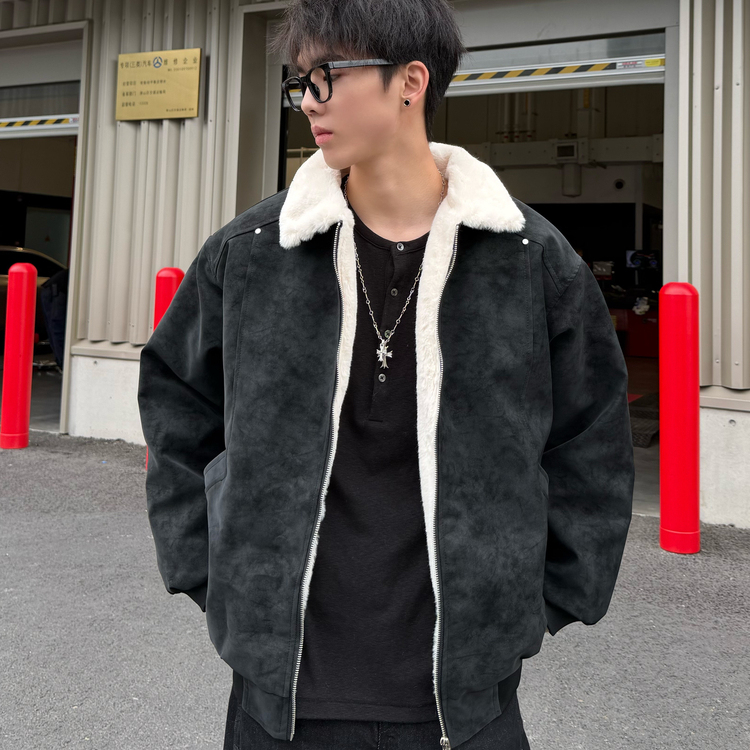 美拉德羊羔毛pu皮棉衣加绒男外套