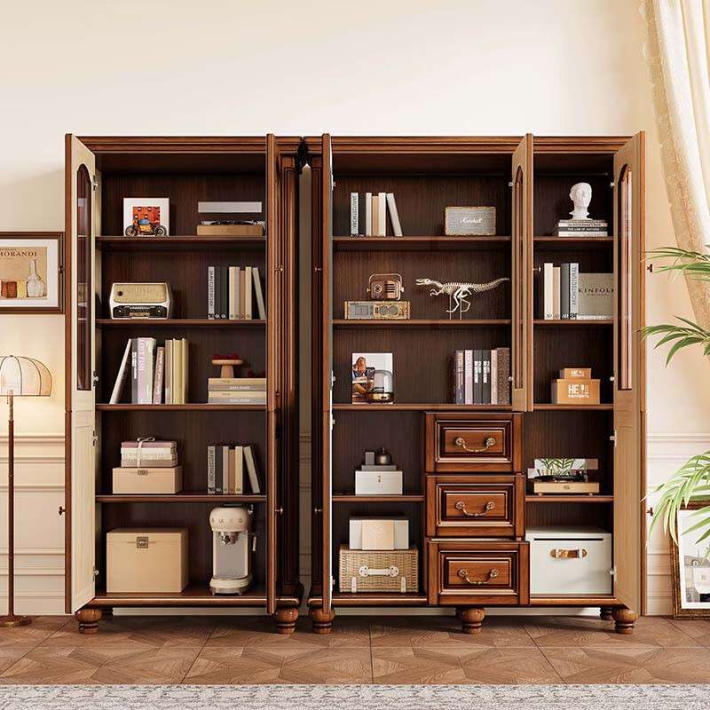 美式复古乡村实木书柜桃花心木书房自由组合落地书橱置物柜玻璃门