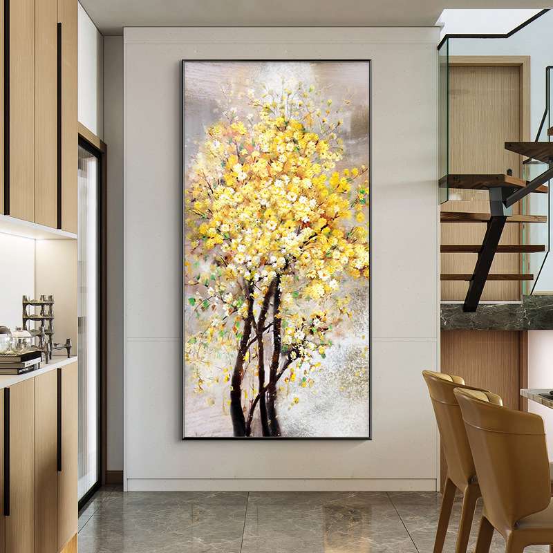 手绘油画入户玄关装饰画现代轻奢发财树挂画楼梯过道走廊尽头壁画图片