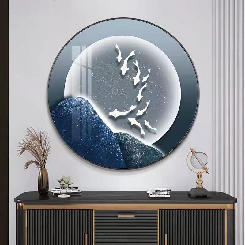 星空九鱼入户玄关圆形装饰画北欧客厅沙发背景墙壁画轻奢晶瓷挂画图片