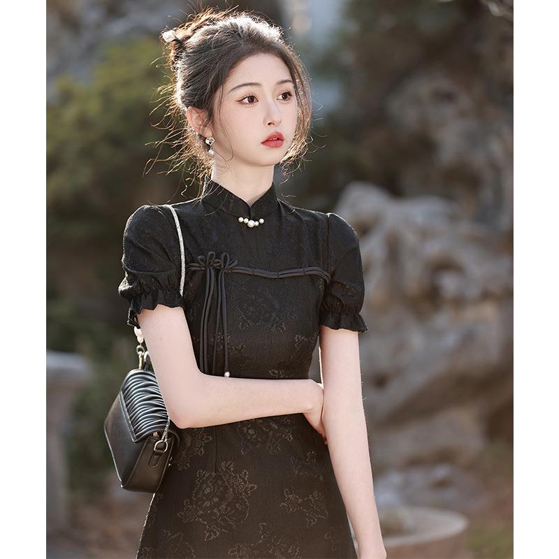 黑色旗袍新款2025夏季年轻款少女改良新中式小个子连衣裙蕾丝短款