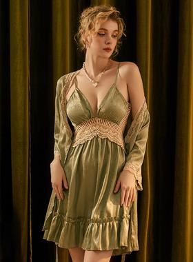 3067伊影性感睡衣女士夏季轻奢冰丝家居服带胸垫吊带睡裙纯欲套装