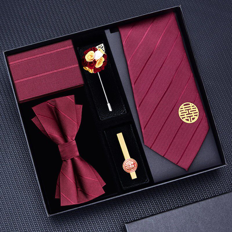新郎结婚领带酒红色套装领结方巾B领带夹胸花婚礼男士拉链式免打