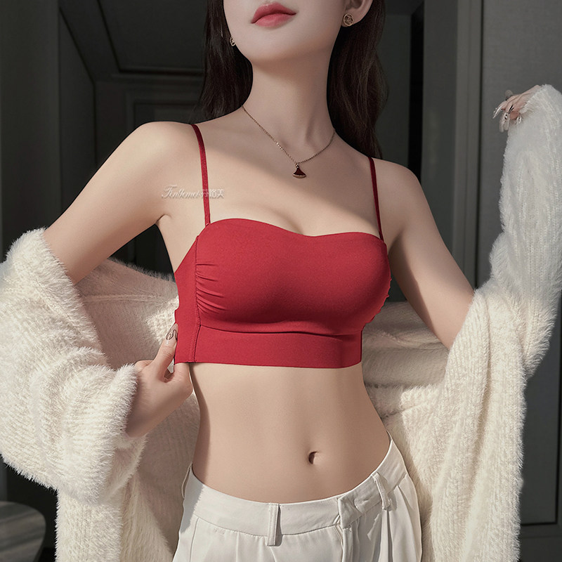 红色内衣a女龙年抹胸大胸显小胸防走光无肩带美背结婚新娘大码文