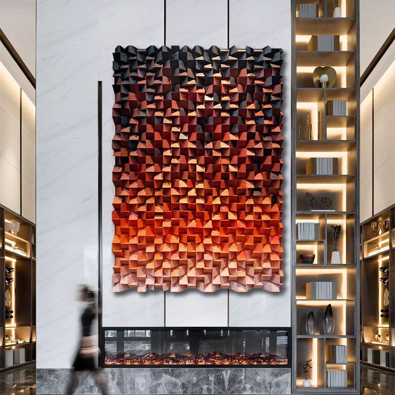 高级现代装饰画实木立体木雕装置酒店客厅玄关背景U墙沙发落地挂