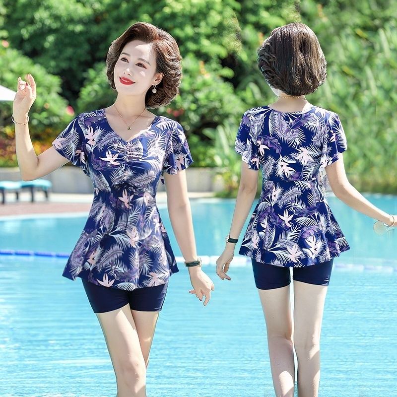 泳衣女中老年妈妈款2024新款分体裙式保守遮肚显瘦大码温泉游泳装