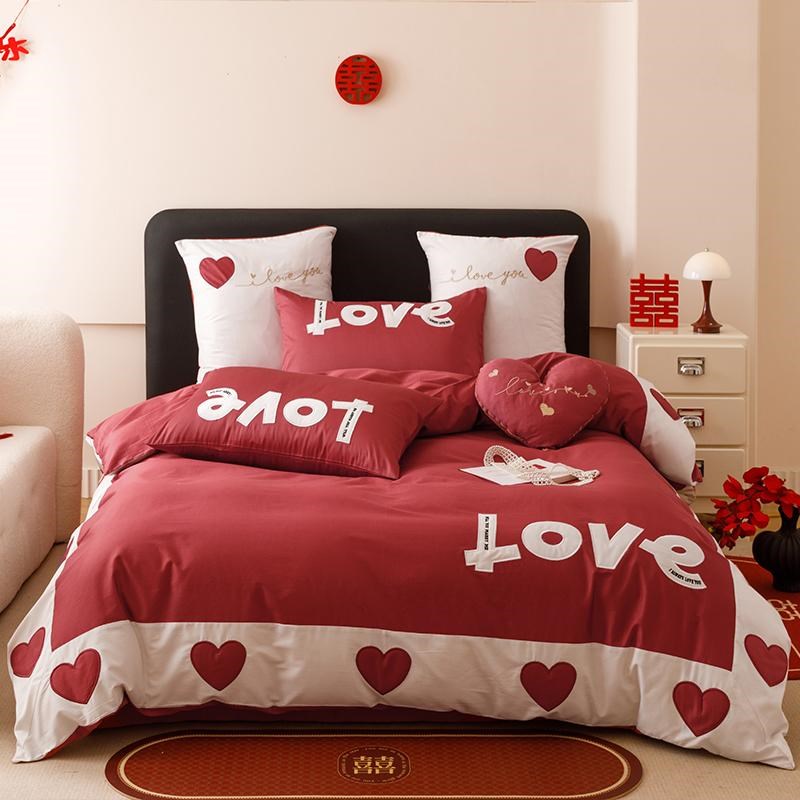 喜庆风酒红色全棉长绒棉四件套少女心结婚被套床单陪嫁2m床品