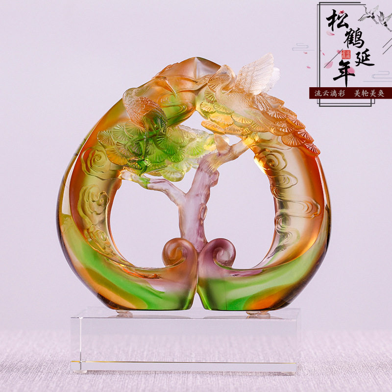 琉璃松鹤延年摆件中国风老人生日祝寿礼物装饰品中式松树工艺品