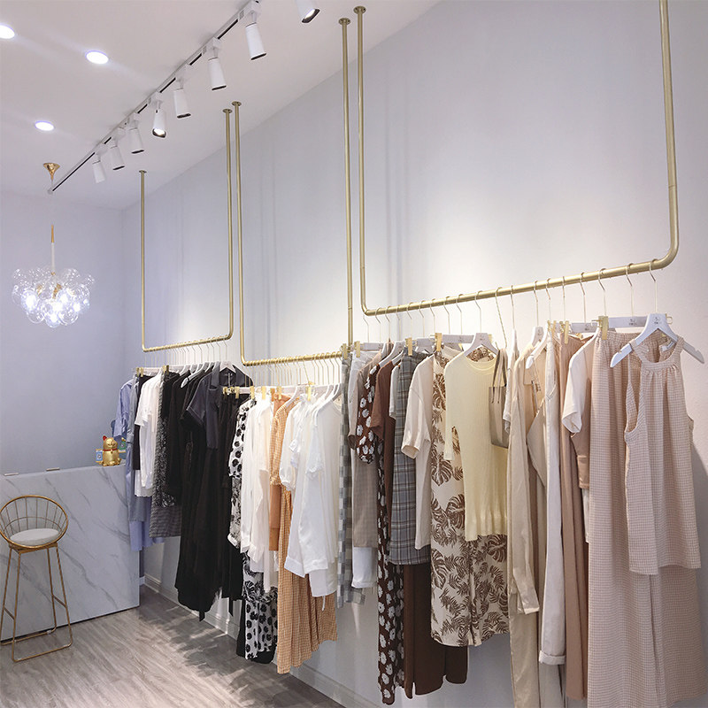 服装店展示架金色铁艺侧挂货架上墙吊顶陈列架U悬挂衣架女装吊架