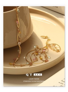 黄铜镀18K真金 法式ins复古精致轻奢风L线条缠绕彩色锆石项链项饰