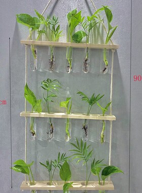 壁挂式玻璃花盆容器办公室家庭墙面装饰现代木架3层15个试管花瓶