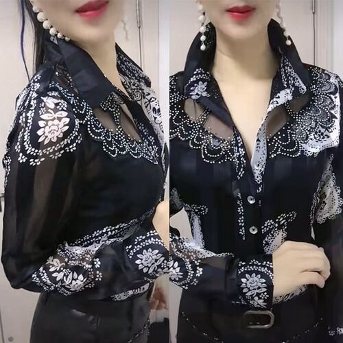 宽松印花长袖春秋k雪纺蕾丝妈妈女士高档洋气小衫衬衫碎花打底衫