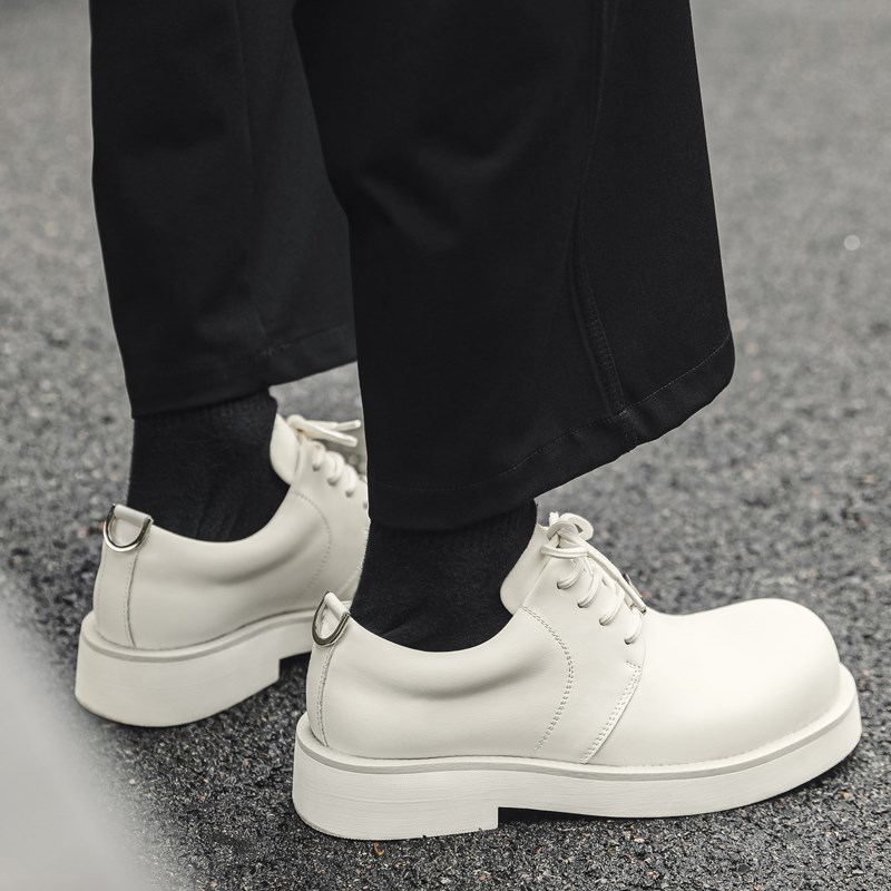 秋冬白色皮鞋男女圆头休闲鞋潮流百搭厚底增高情侣款英伦风德比鞋
