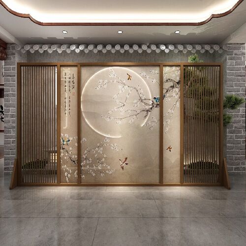 新中式屏风隔断客厅实木玄关酒店花鸟门厅装饰墙别墅格栅大座屏