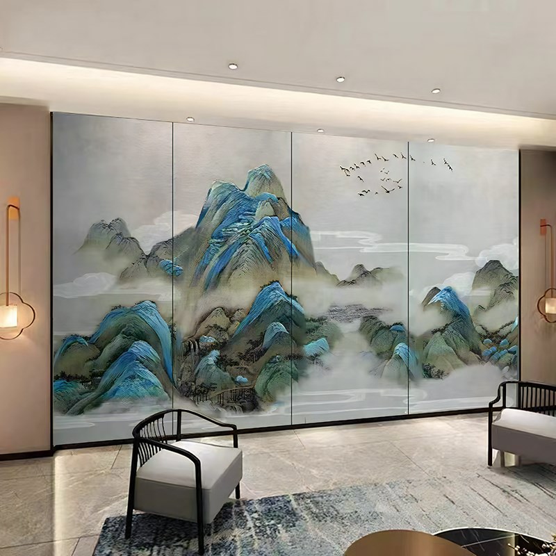 W6定 制客厅沙发新中式床头卧室刺绣硬包电视背景墙酒店墙布壁画