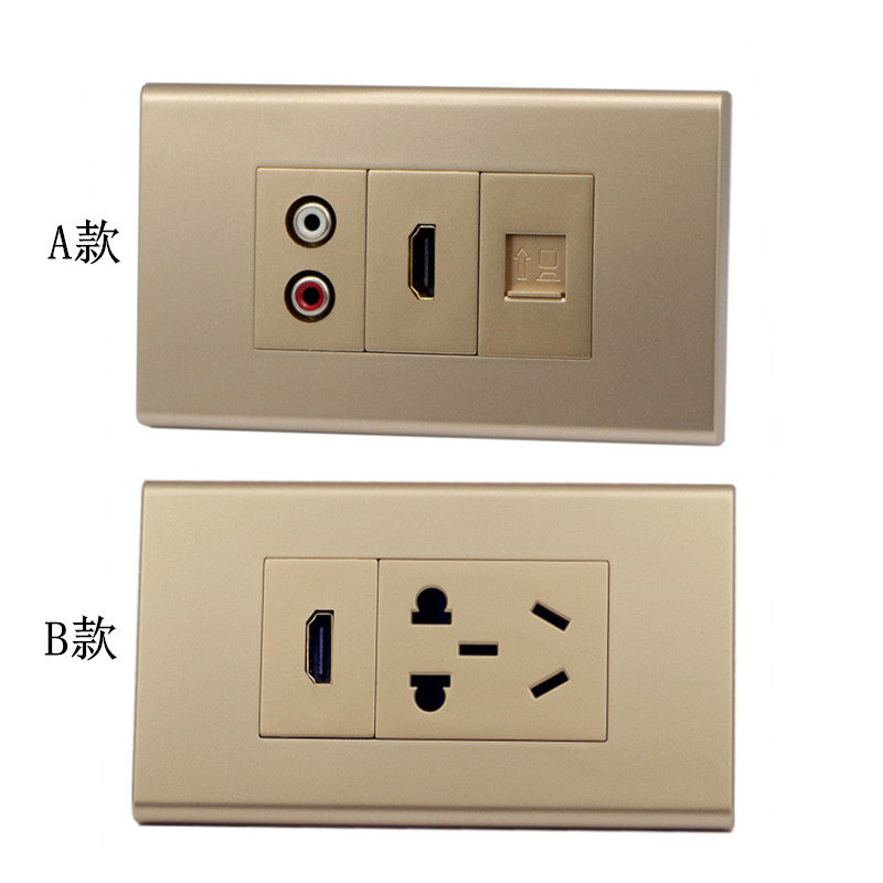 118型开关插座面板香槟金色 音频莲花HDMI网络多媒体插座小号二位