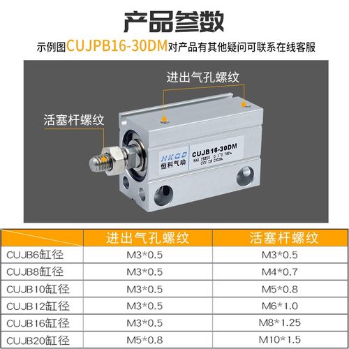 小型自由安装气缸CUJB6*4D/8D/10D/15D/20D/25D/30D/DM内外牙