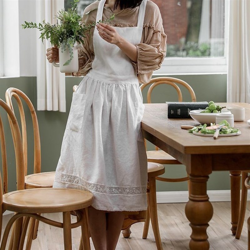 新款棉麻系带交叉背带韩版uins复古法式蕾丝花边花店咖啡店围裙