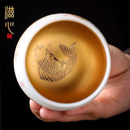 羊脂玉瓷b老虎主人杯鎏金虎年茶盏白瓷五虎茶杯单个大号专用品茗