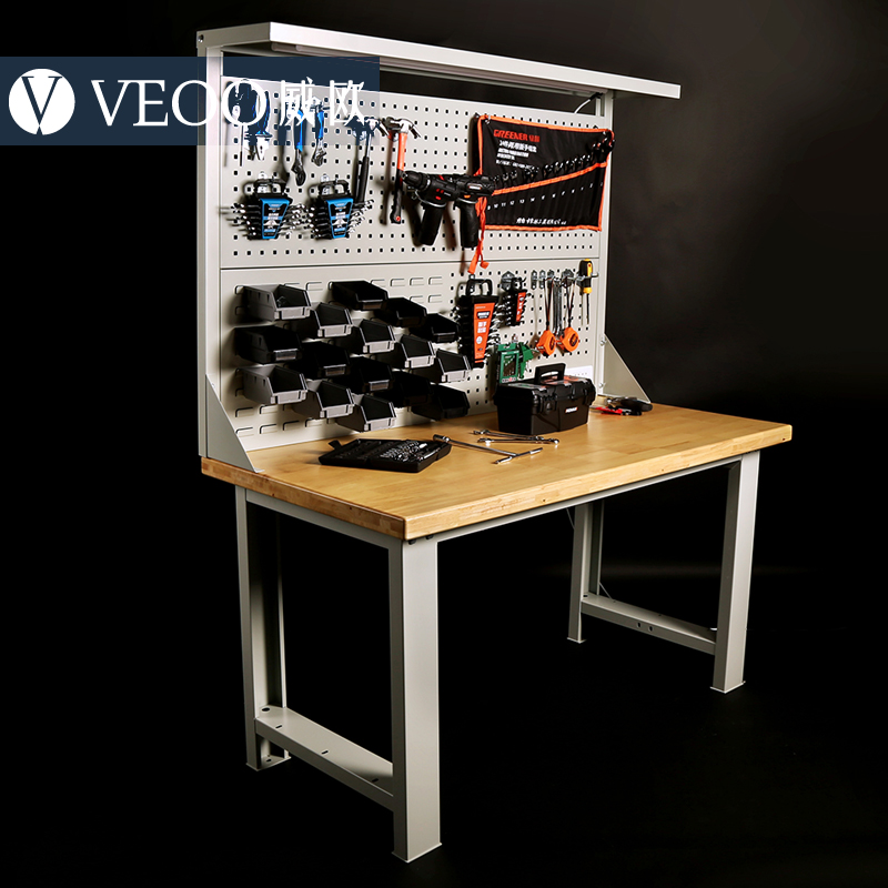 威欧 实木带灯架重型台 工具挂板钳工桌 模型工作台 带插座承重桌