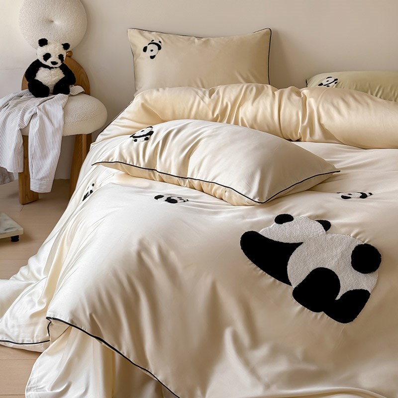 春夏卡通风100S天丝棉四件套可爱熊猫毛巾绣丝滑凉感被套床上用品