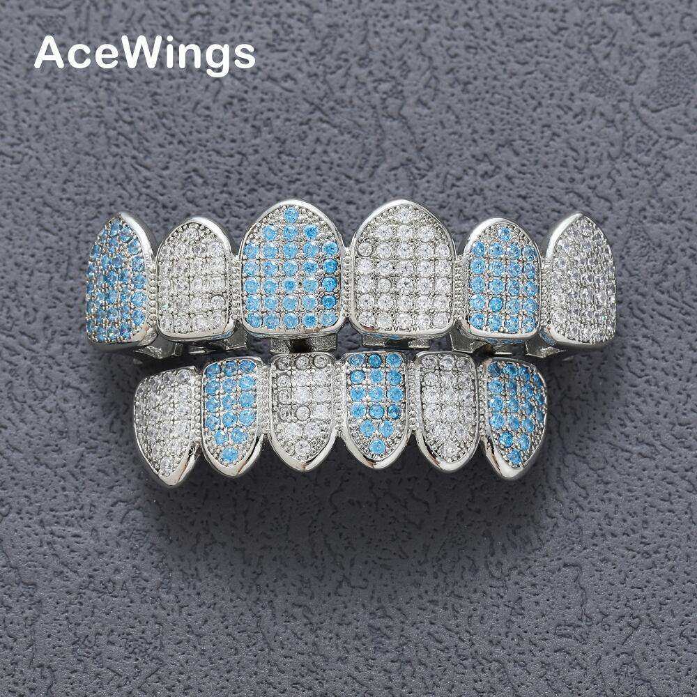 欧美嘻哈拼色牙套 嘻哈潮人铜镶蓝白混色锆石6颗牙街舞夜店牙饰品