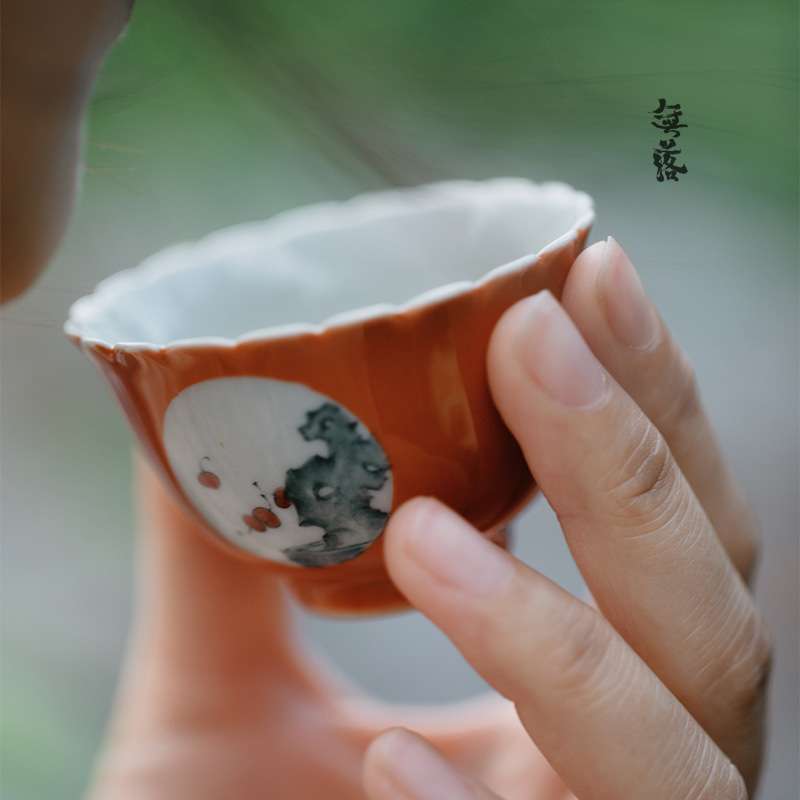 无落景德镇手绘开窗矾红品茗杯茶具盖碗文房观石菊花口杯喝茶杯