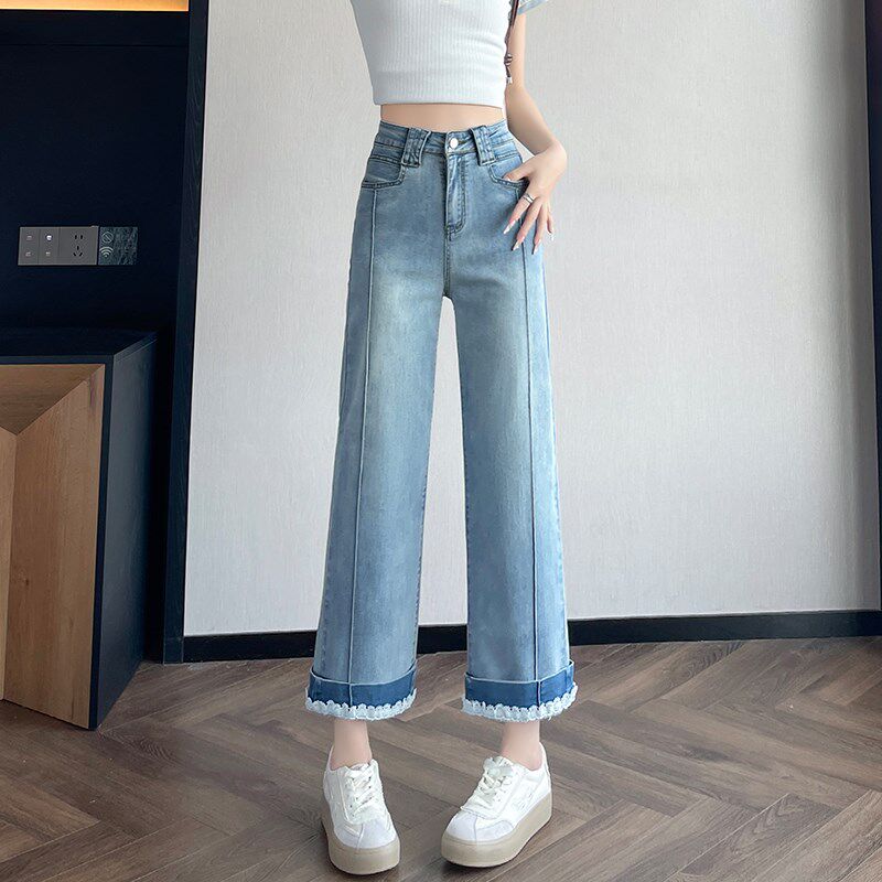 超好看气质翻边牛仔烟管裤女夏季薄款花J边中线设计感小个子直筒
