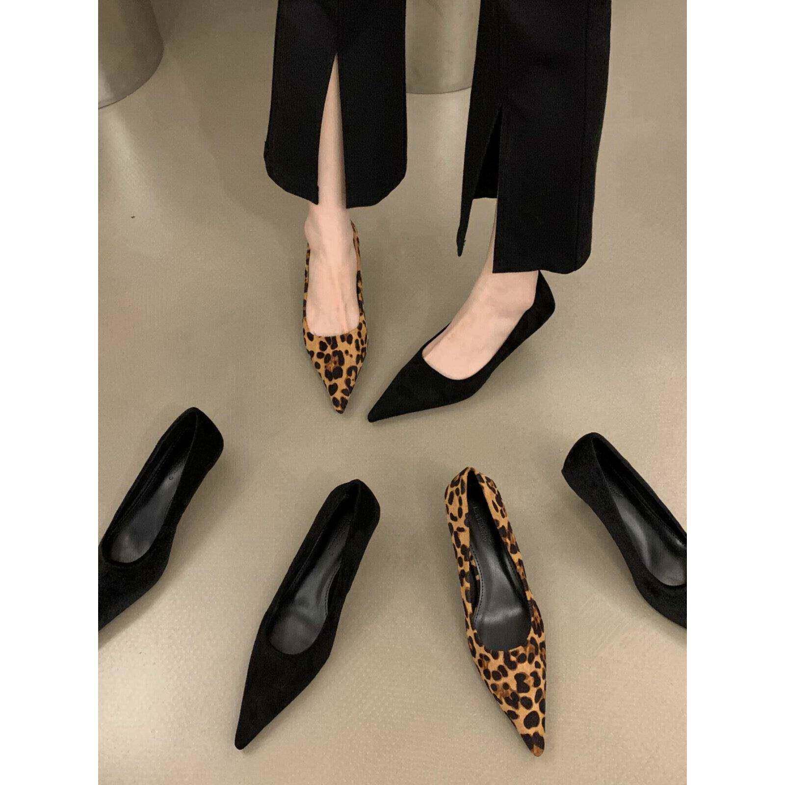 法式小高跟鞋女浅职口业黑色款细跟秋冬尖NQP头低跟新单鞋潮