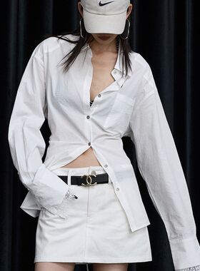 我们的小时束腰白色袖口拼接蕾E丝长袖衬衫女士秋季质感衬衫