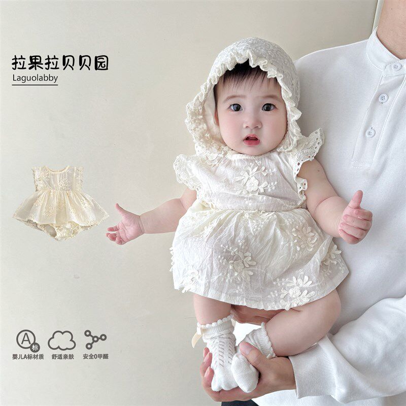 婴儿夏季新款女宝k刺绣花边飞袖公主哈裙婴幼儿百日宴周岁服包屁