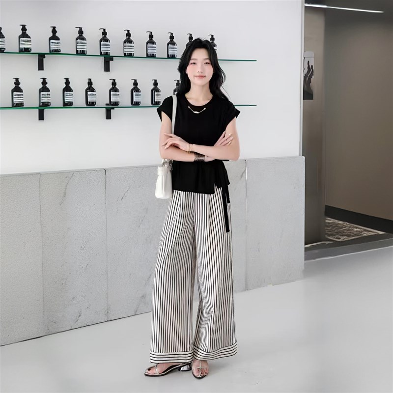 黑色T恤套装两件套洋气时尚时髦气质条纹I阔腿裤女2025新款夏薄款