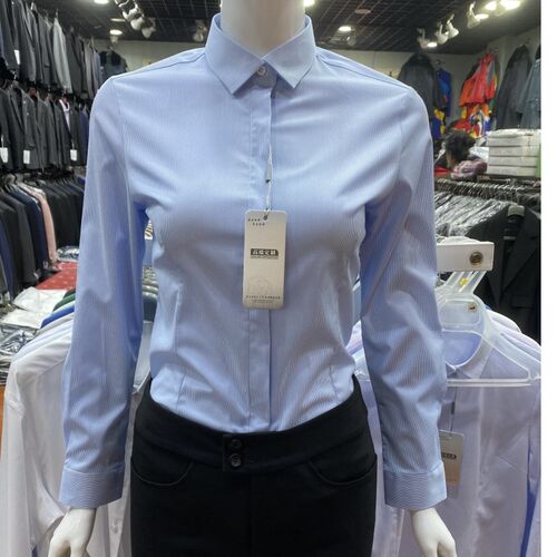女士蓝色竖条纹衬衫免o烫竹纤维弹力机关单位面试上班职业装工作