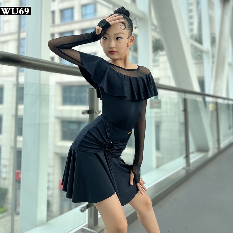 儿童拉丁舞练功服女新款少儿训练表演服长袖舞蹈拉丁舞服新款