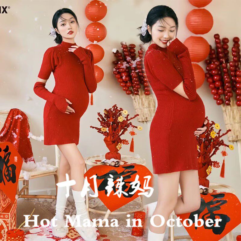 影楼新款孕妇拍照摄n影艺术照服装圣诞新年红色主题艺术照服装摄