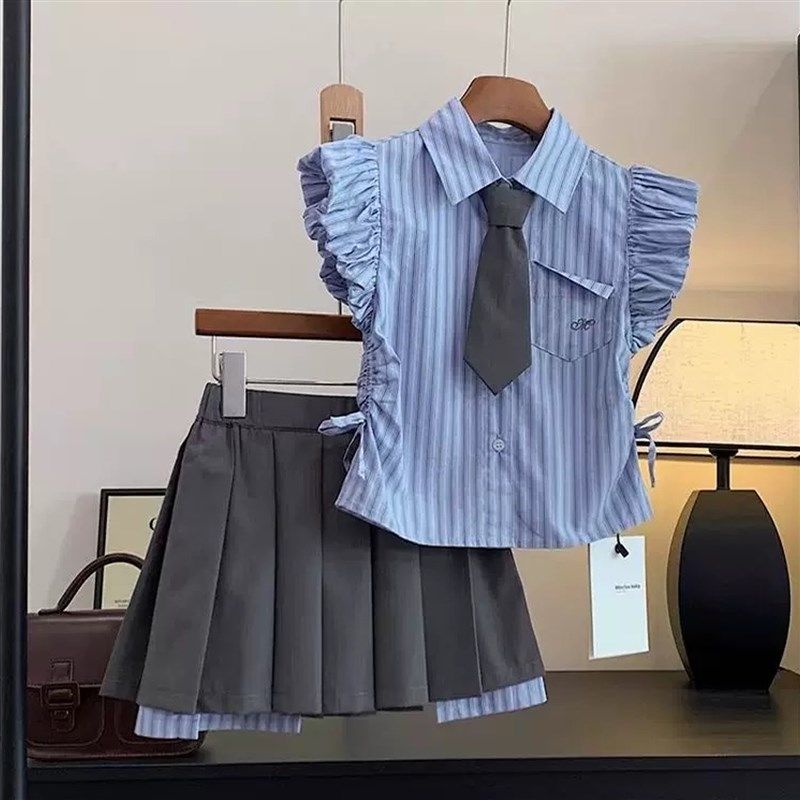 女大童夏装学f院风制服套装2025新款儿童韩版条纹衬衫百褶裙两件