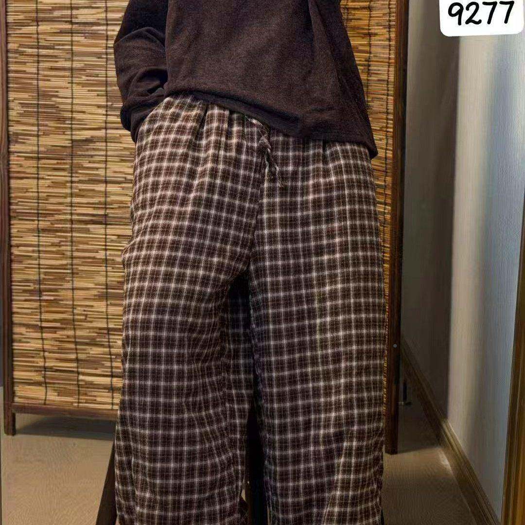 9688秋新款子色织亚麻格冬麻暖棉裤双层内里加棉加厚保女棉裤