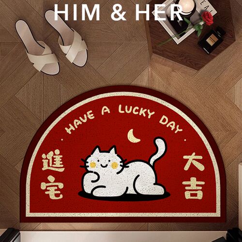 入户门地垫进门脚垫玄关防滑耐脏耐D磨红色可爱猫丝圈半圆进门地