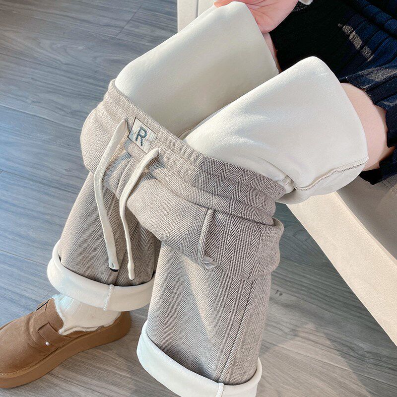 毛呢阔腿裤2025新款女秋冬季加绒B加厚窄版九分大码胖mm显瘦直筒
